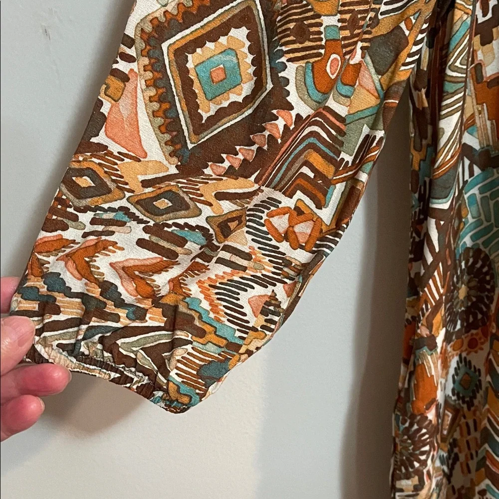 Nurture Turquoise & Brown Patterned Tie-Neck Women’s Dress SZ PL - Picture 4 of 8